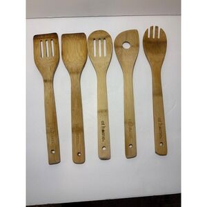 At Home 5 Piece Bamboo Kitchen Utensil Set Spatula Slotted Spoon Pasta Fork Wood